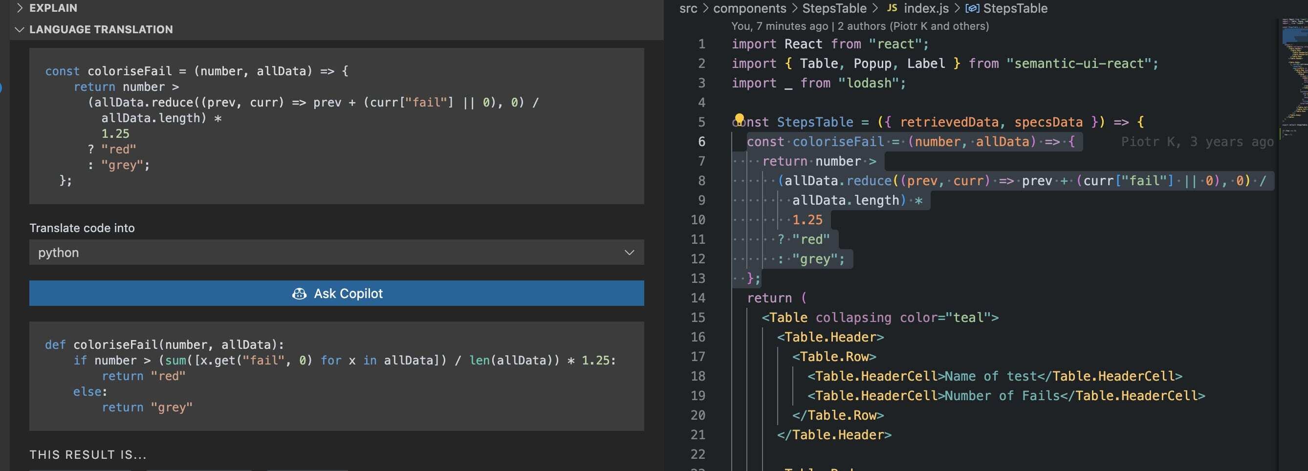An example of JS to Python language translation in GitHub Copilot