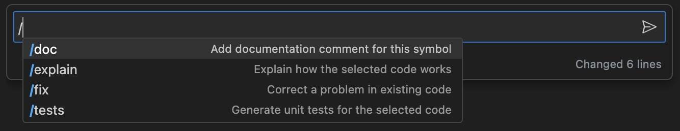 Basic functions of the Copilot Chat, seen when you hit “/”: doc, explain, fix, tests