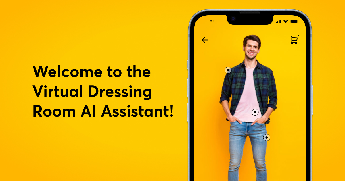 banner with description - welcome to the virtual dressing room AI Assistant and a mobile display with a man