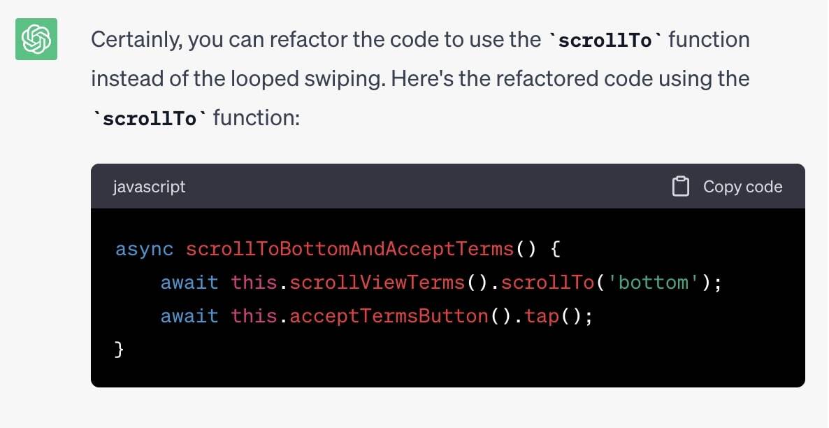 Chat GPT response to request refactor function using scrollTo