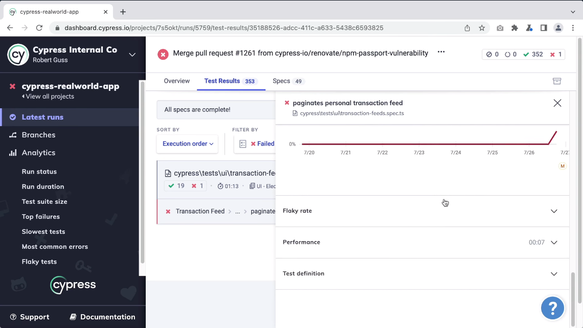 Cypress Dashboard - test run overview