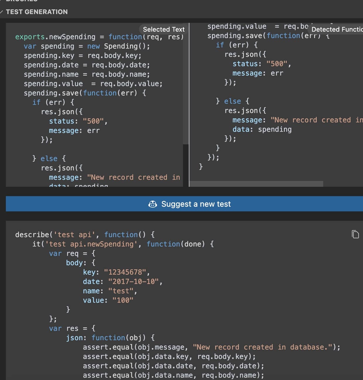 Example on a js spending app, GitHub Copilot suggested test values and assertions