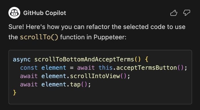GitHub Copilot Chat response to request refactor function using scrollTo