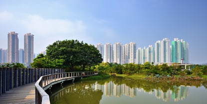 High rise apartments above Wetland Park in Hong Kong, China.