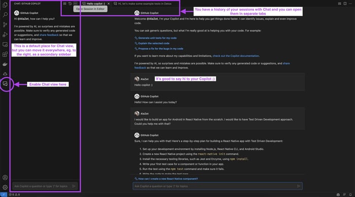 How to find GitHub Copilot Chat interface from VS Code