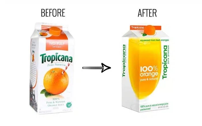 Image of Tropicana’s original design with orange and straw and the failed redesign with a glass of juice and simple font