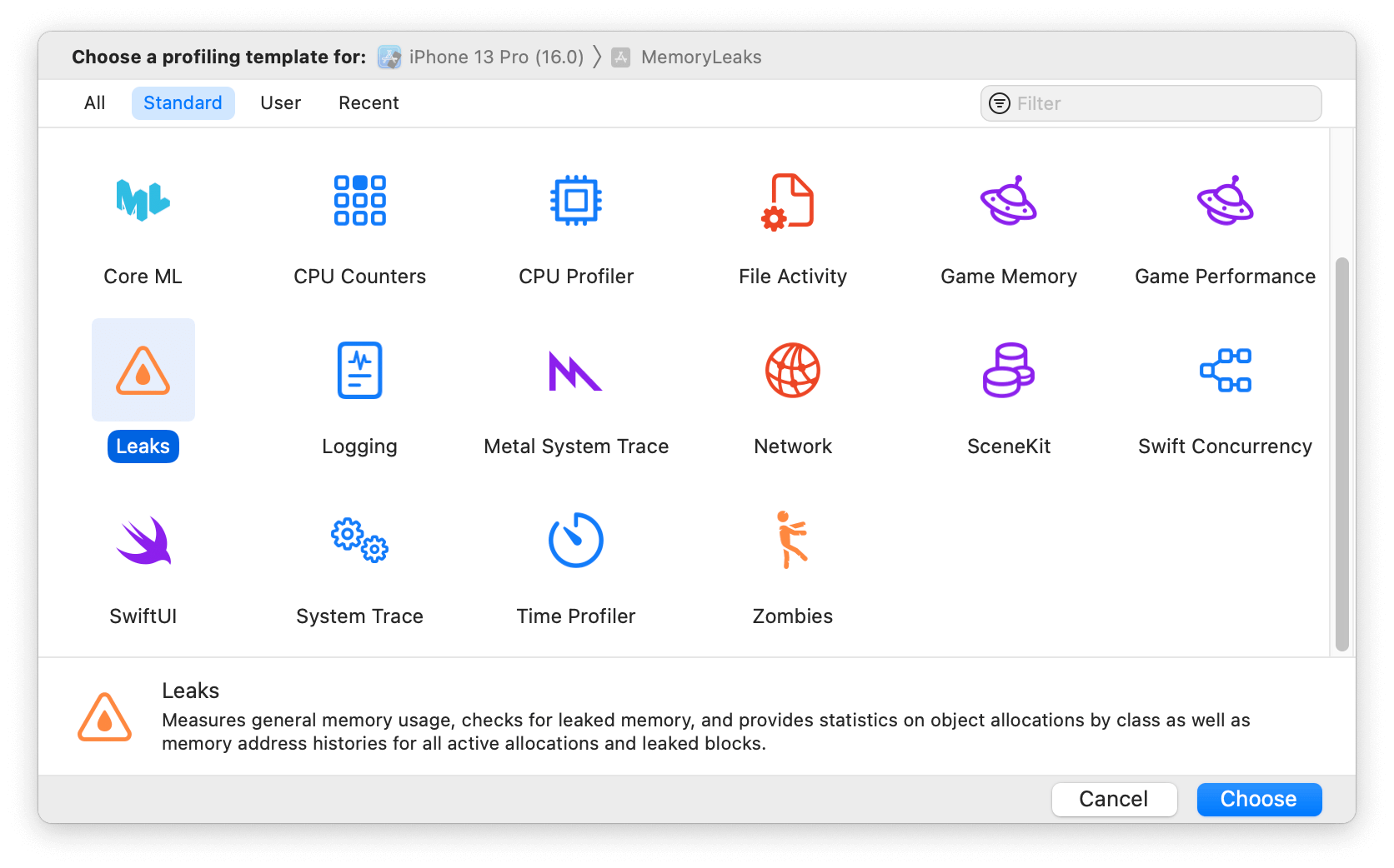 XCode Instruments Leaks app