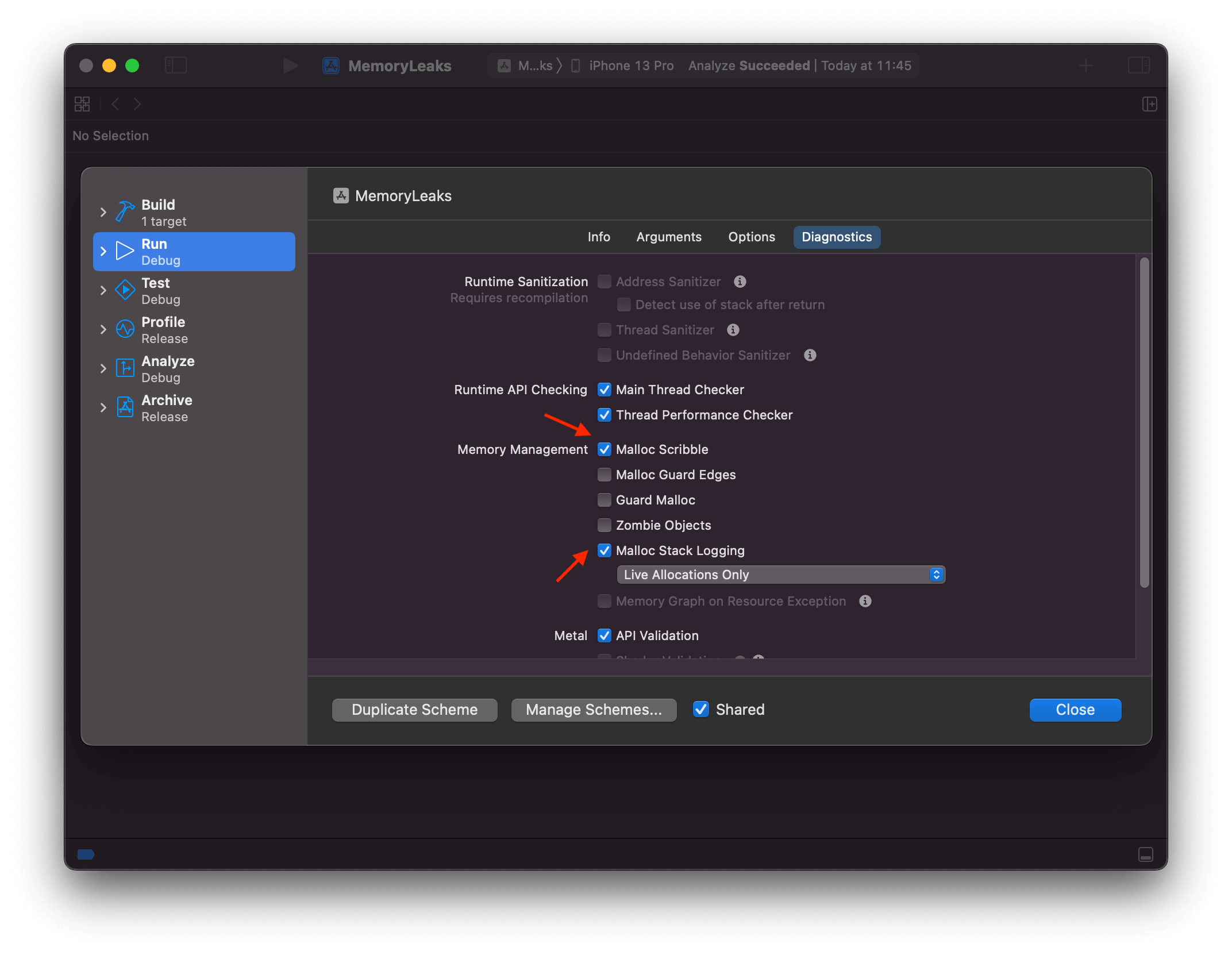 Enabling Malloc Scribble and Malloc Stack