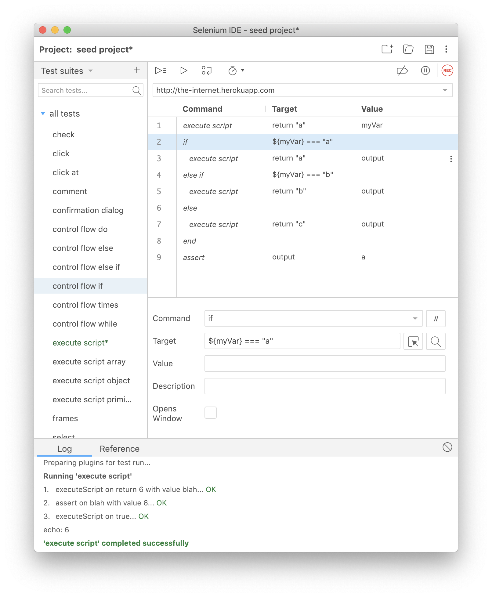 Selenium IDE - Control flow structure