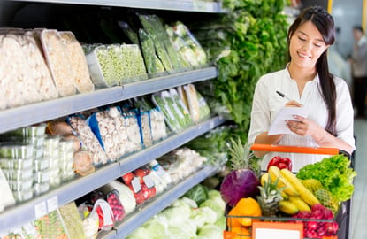 Woman with a shopping list for groceries at the market