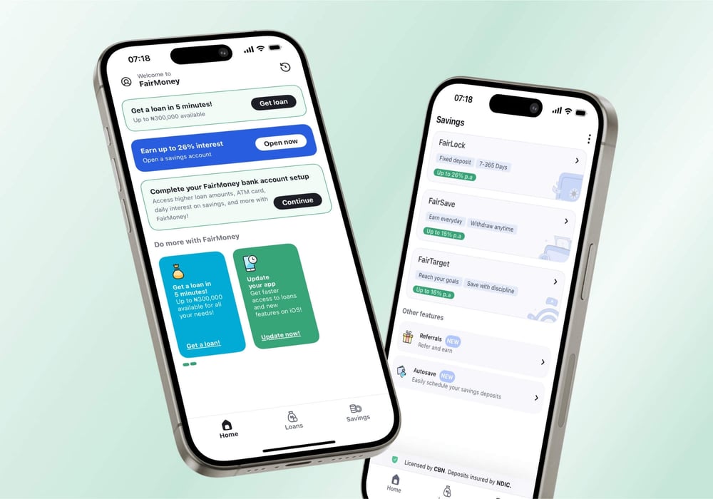 Two phones with FairMoney app displayed on screens.