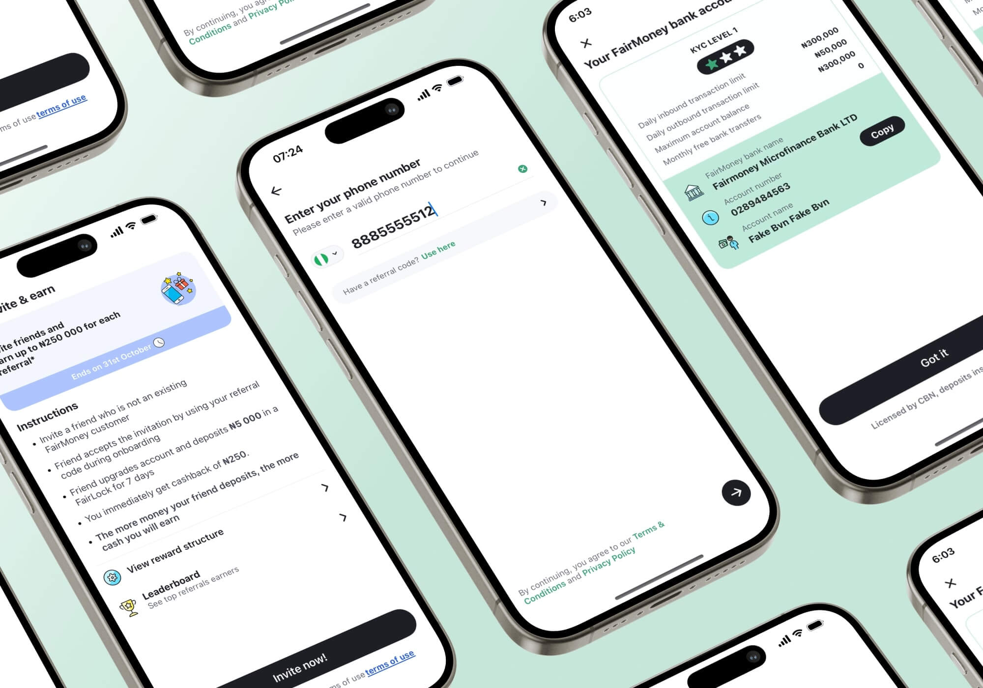 Multiple smartphones with different pages of the FairMoney app displayed on screens