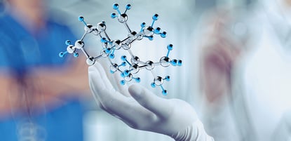 scientist doctor hand holds virtual molecular structure in the lab as concept